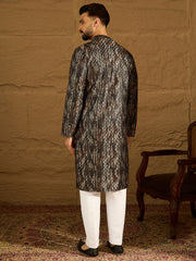 Ethnic Bay Men Black Viscose Rayon Striped Printed Straight Kurta with Trouser-MKSET1607