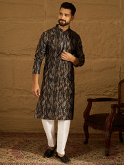 Ethnic Bay Men Black Viscose Rayon Striped Printed Straight Kurta with Trouser-MKSET1607