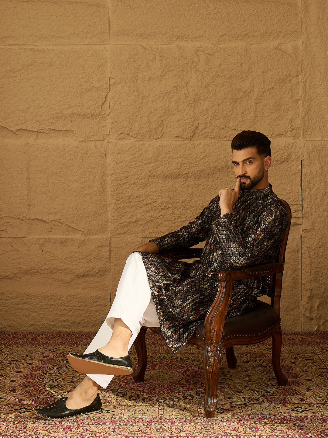 Ethnic Bay Men Black Viscose Rayon Striped Printed Straight Kurta with Trouser-MKSET1607