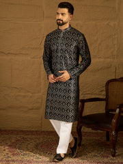 Ethnic Bay Men Black Viscose Rayon Geometric Printed Straight Kurta with Trouser-MKSET1608