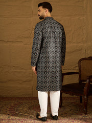 Ethnic Bay Men Black Viscose Rayon Geometric Printed Straight Kurta with Trouser-MKSET1608