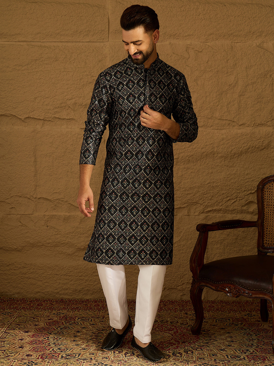 Ethnic Bay Men Black Viscose Rayon Geometric Printed Straight Kurta with Trouser-MKSET1608