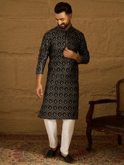 Ethnic Bay Men Black Viscose Rayon Geometric Printed Straight Kurta with Trouser-MKSET1608