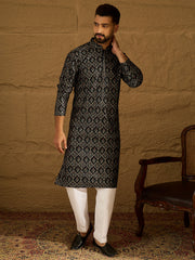 Ethnic Bay Men Black Viscose Rayon Geometric Printed Straight Kurta with Trouser-MKSET1608