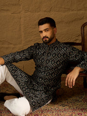 Ethnic Bay Men Black Viscose Rayon Geometric Printed Straight Kurta with Trouser-MKSET1608
