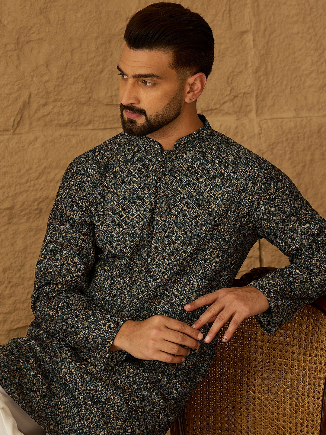 Ethnic Bay Men Navy Blue Viscose Rayon Geometric Printed Straight Kurta with Trouser-MKSET1609