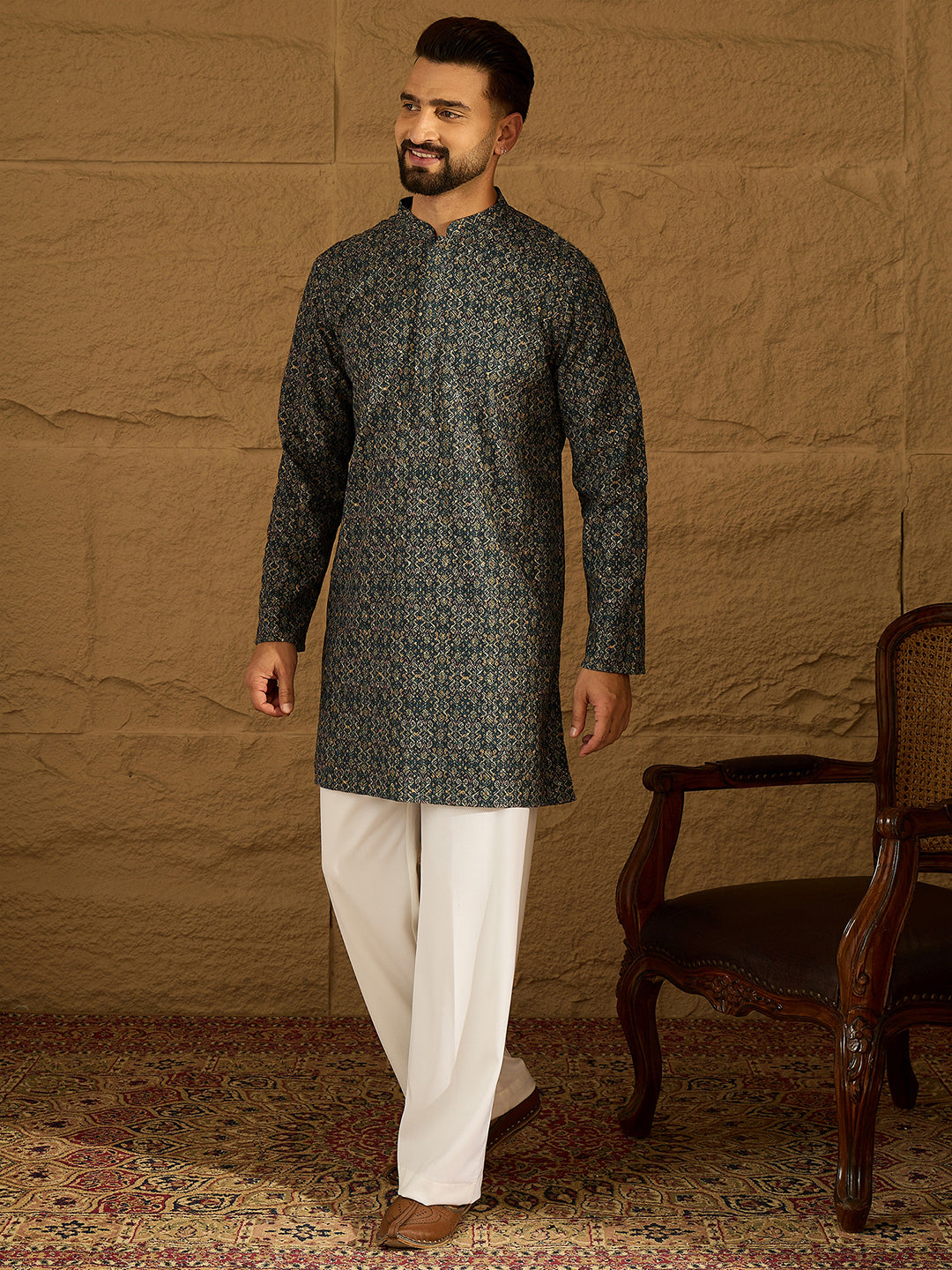 Ethnic Bay Men Navy Blue Viscose Rayon Geometric Printed Straight Kurta with Trouser-MKSET1609