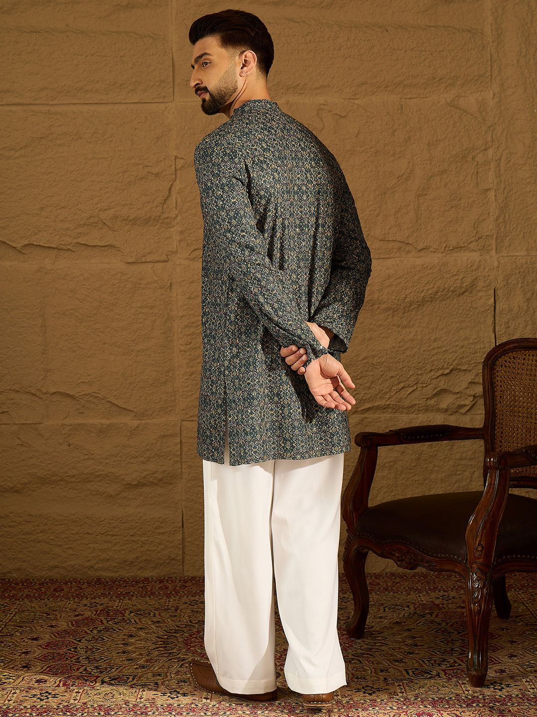 Ethnic Bay Men Navy Blue Viscose Rayon Geometric Printed Straight Kurta with Trouser-MKSET1609