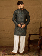 Ethnic Bay Men Navy Blue Viscose Rayon Geometric Printed Straight Kurta with Trouser-MKSET1609