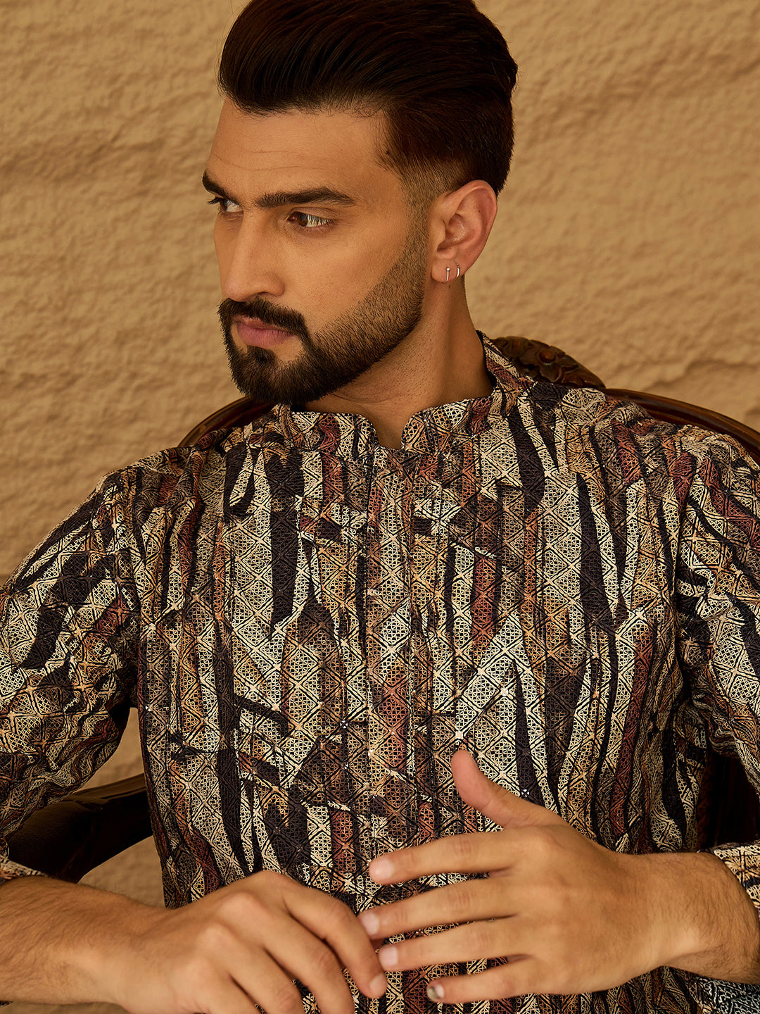 Ethnic Bay Men Black Viscose Rayon Abstract Printed Straight Kurta with Trouser-MKSET1610