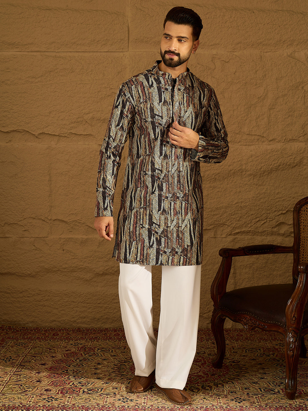 Ethnic Bay Men Black Viscose Rayon Abstract Printed Straight Kurta with Trouser-MKSET1610