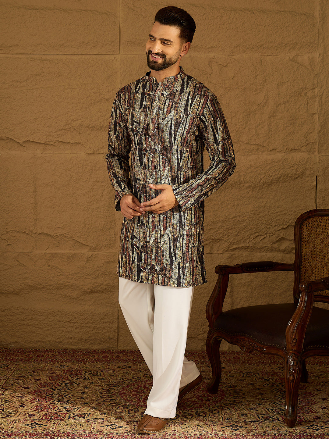 Ethnic Bay Men Black Viscose Rayon Abstract Printed Straight Kurta with Trouser-MKSET1610