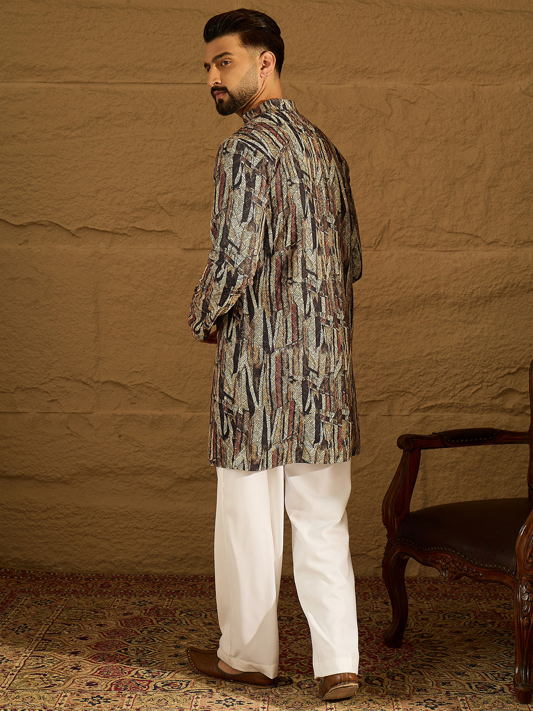 Ethnic Bay Men Black Viscose Rayon Abstract Printed Straight Kurta with Trouser-MKSET1610