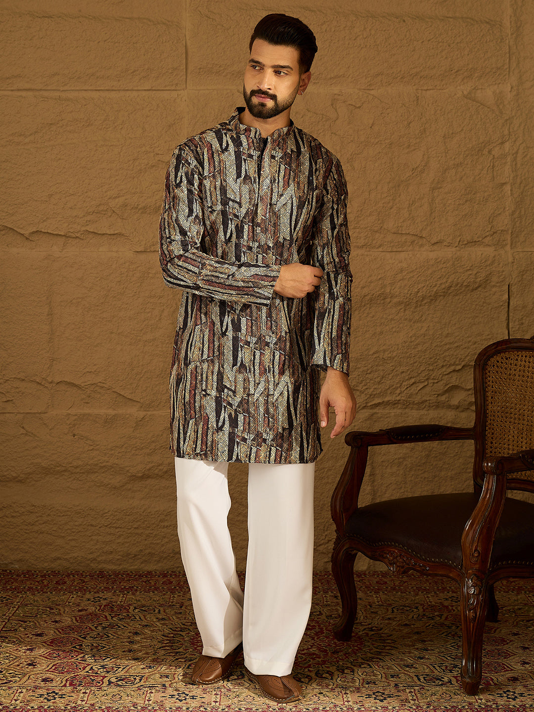 Ethnic Bay Men Black Viscose Rayon Abstract Printed Straight Kurta with Trouser-MKSET1610