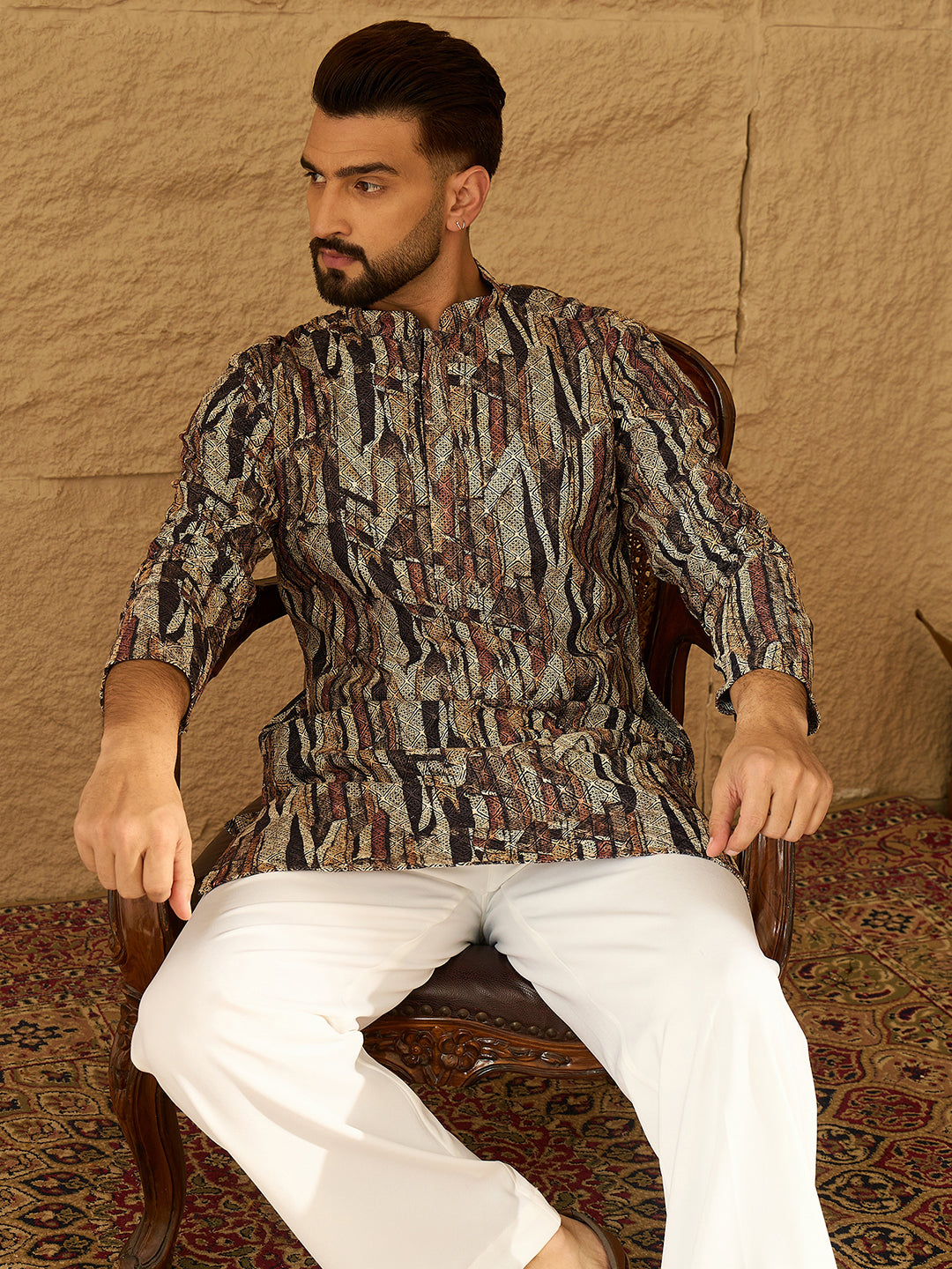 Ethnic Bay Men Black Viscose Rayon Abstract Printed Straight Kurta with Trouser-MKSET1610