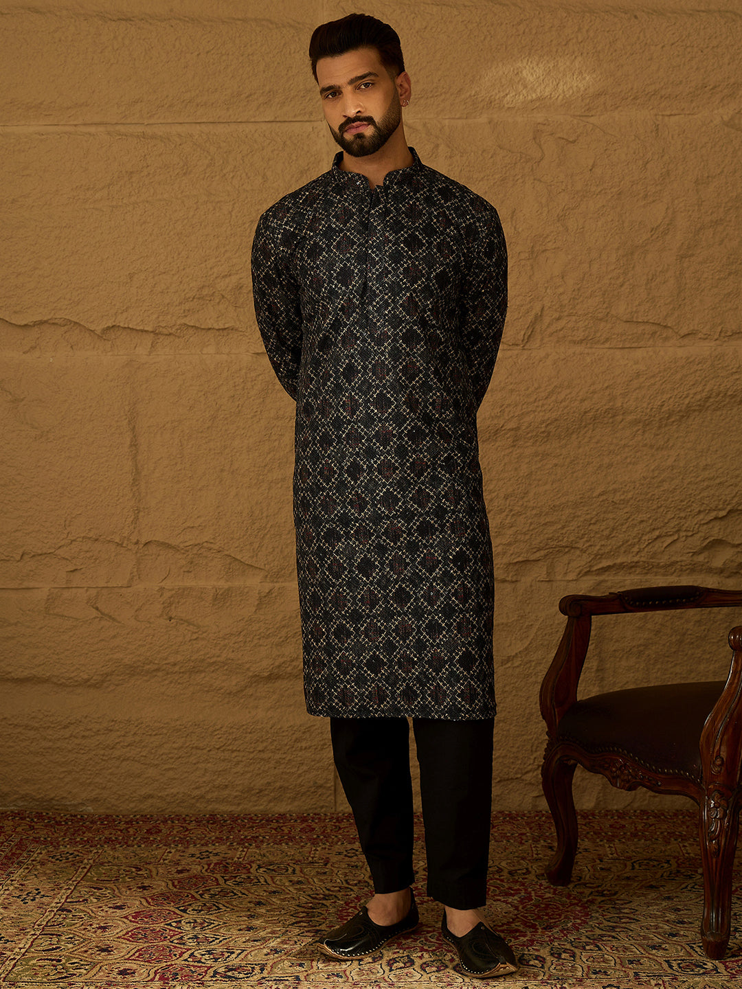 Ethnic Bay Men Black Cotton Solid Embroidered Straight Kurta with Trouser-MKSET1611