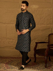 Ethnic Bay Men Black Cotton Solid Embroidered Straight Kurta with Trouser-MKSET1611