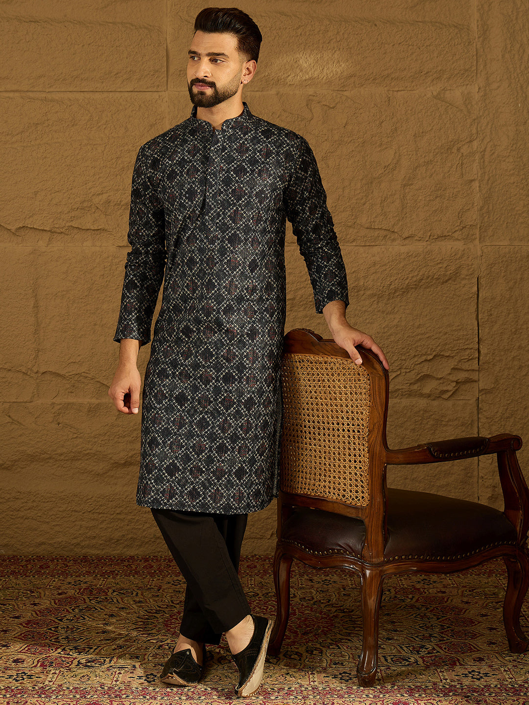 Ethnic Bay Men Black Cotton Solid Embroidered Straight Kurta with Trouser-MKSET1611
