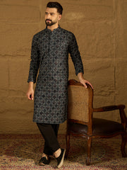 Ethnic Bay Men Black Cotton Solid Embroidered Straight Kurta with Trouser-MKSET1611