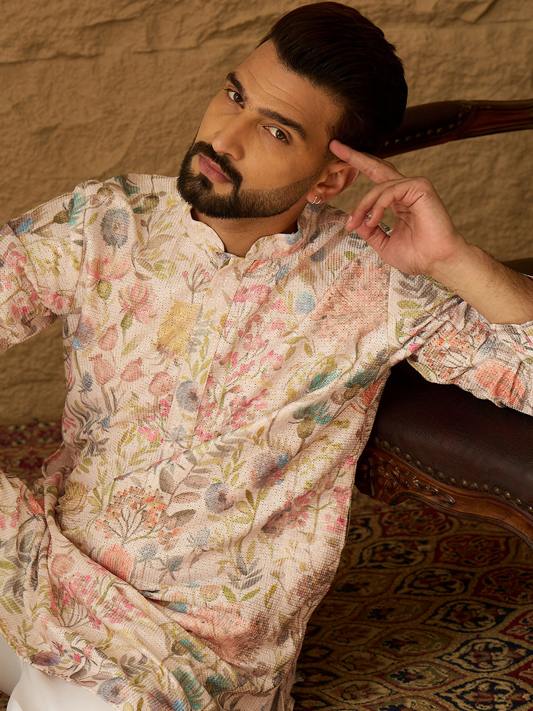 Ethnic Bay Men Off White Viscose Rayon Floral Printed Straight Kurta with Trouser-MKSET1612