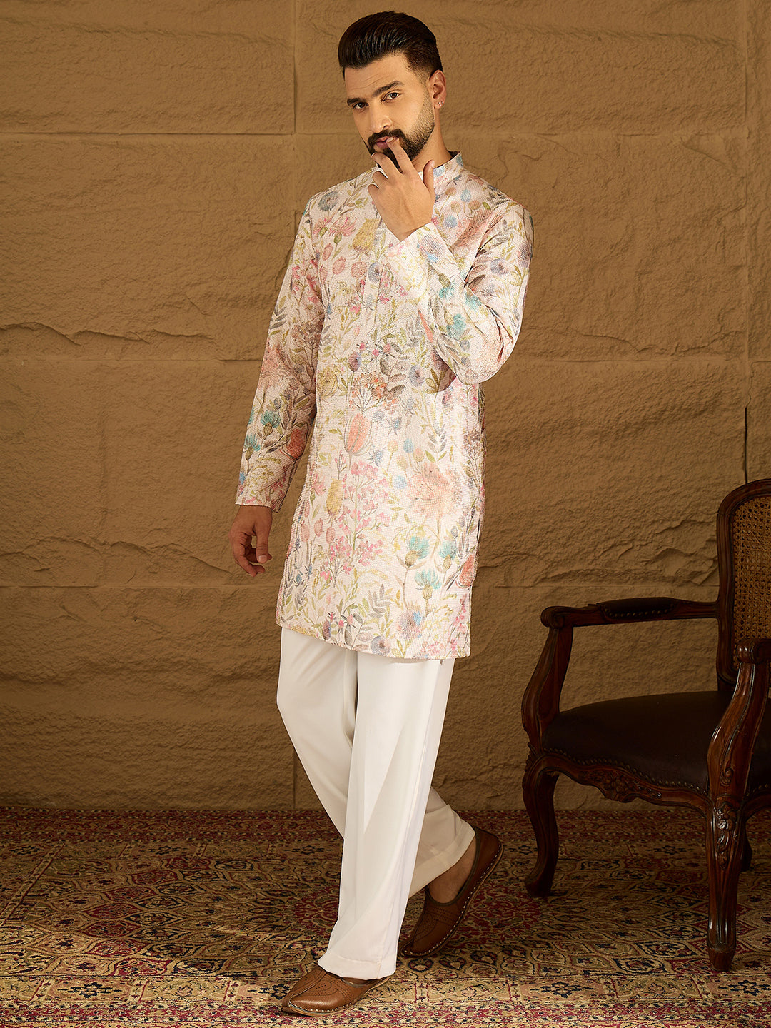 Ethnic Bay Men Off White Viscose Rayon Floral Printed Straight Kurta with Trouser-MKSET1612