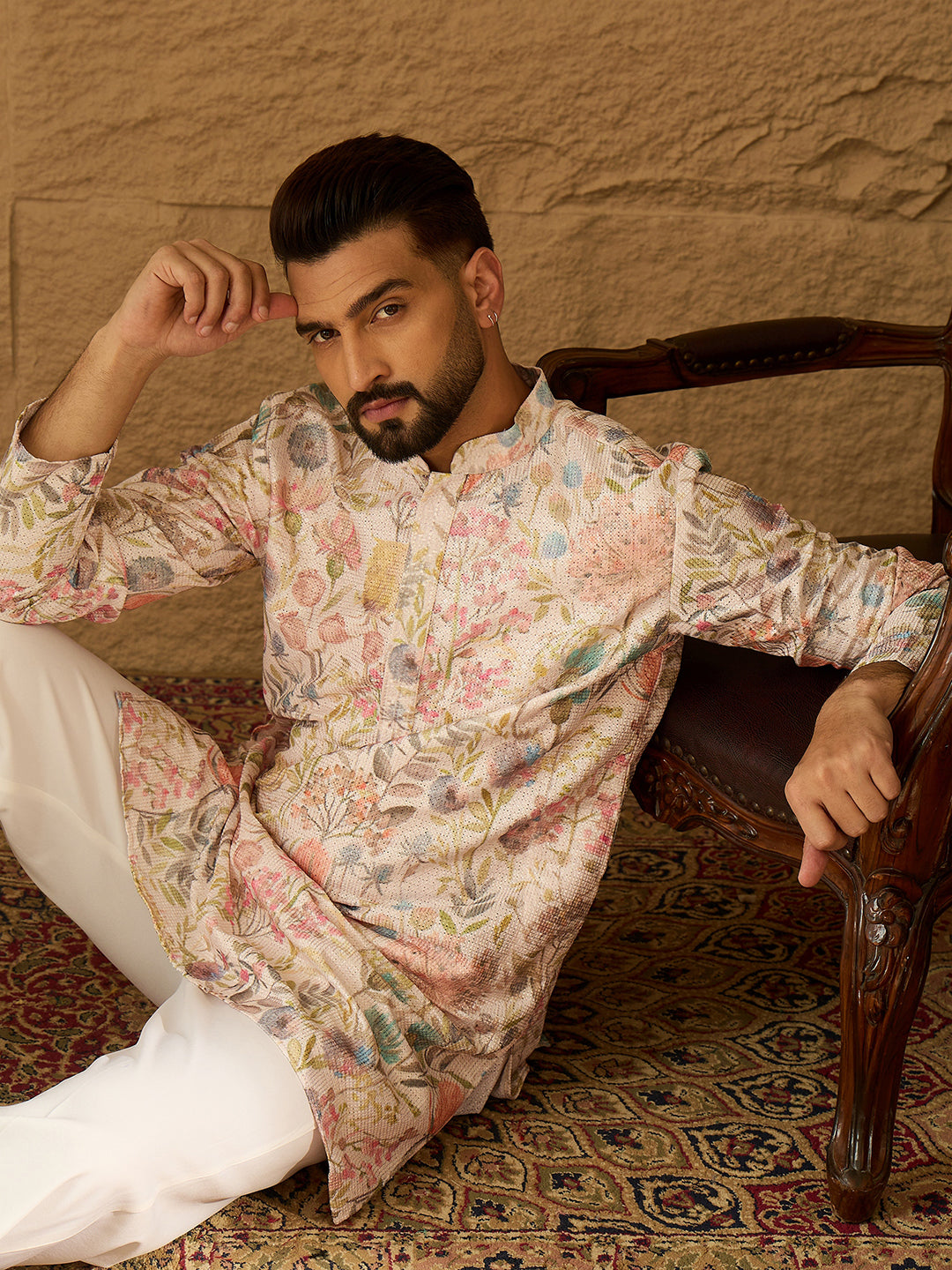 Ethnic Bay Men Off White Viscose Rayon Floral Printed Straight Kurta with Trouser-MKSET1612