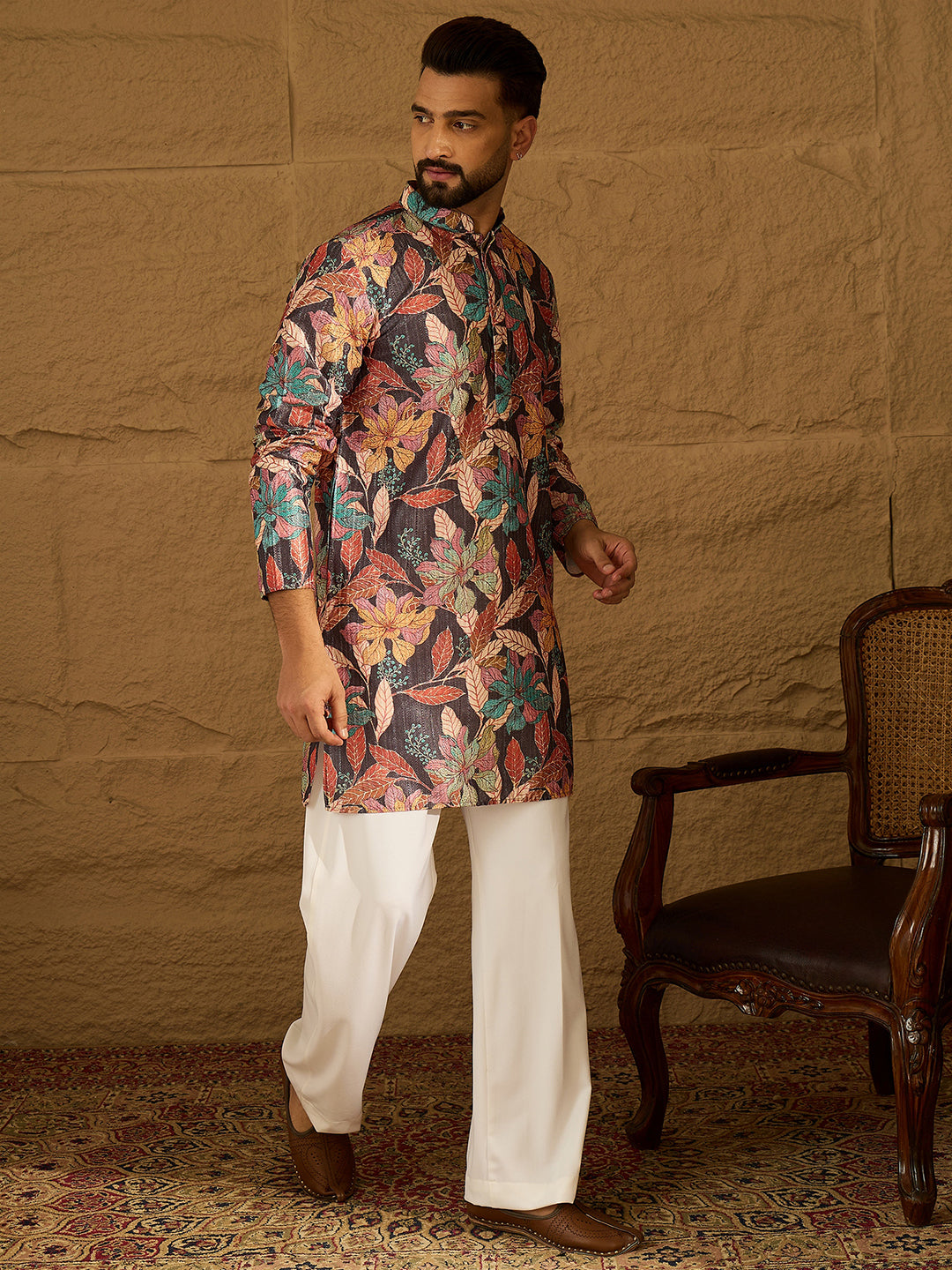 Ethnic Bay Men Grey Silk Blend Floral Printed Straight Kurta with Trouser-MKSET1613