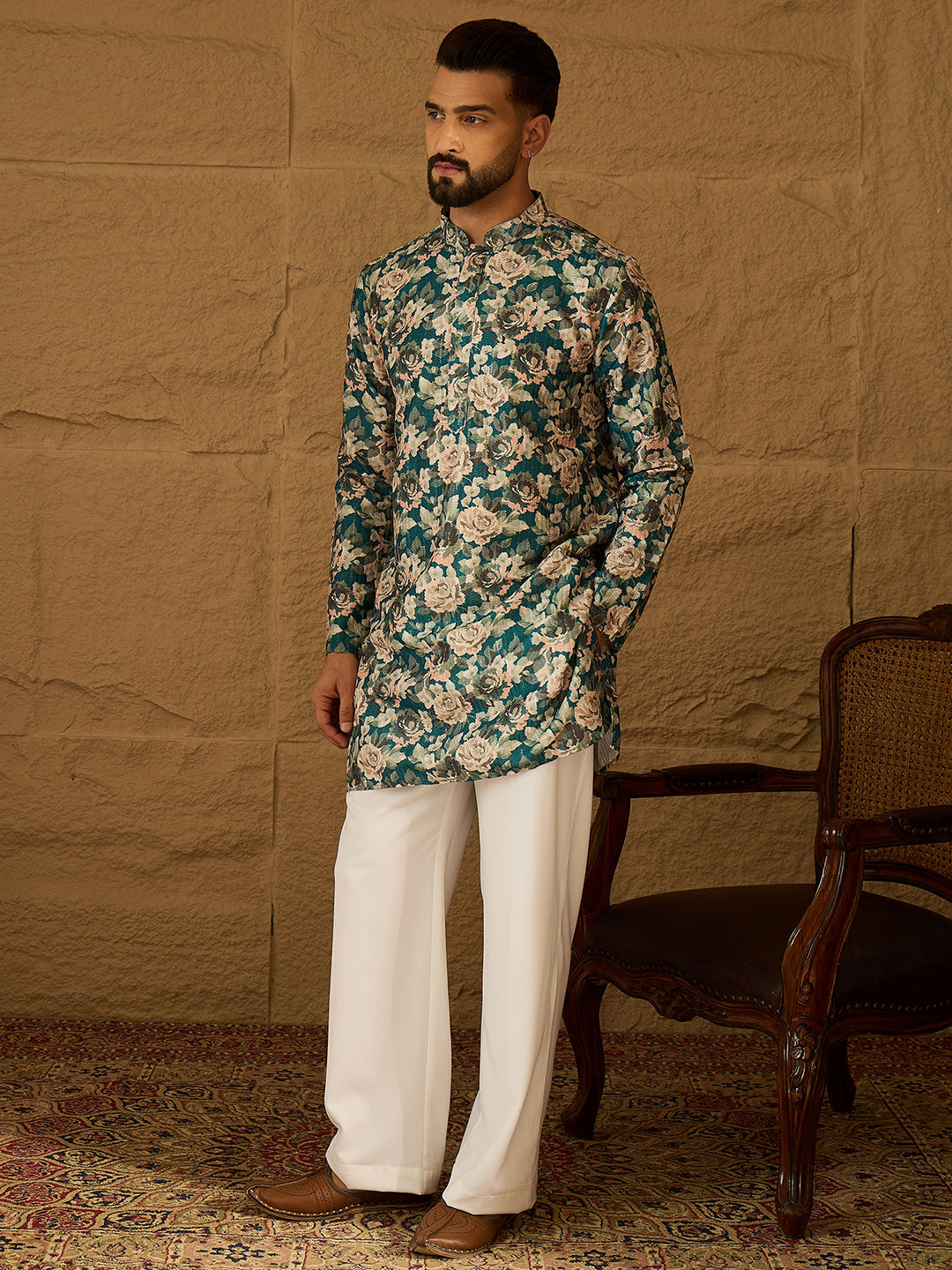 Ethnic Bay Men Teal Silk Blend Floral Printed Straight Kurta with Trouser-MKSET1614