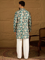 Ethnic Bay Men Teal Silk Blend Floral Printed Straight Kurta with Trouser-MKSET1614