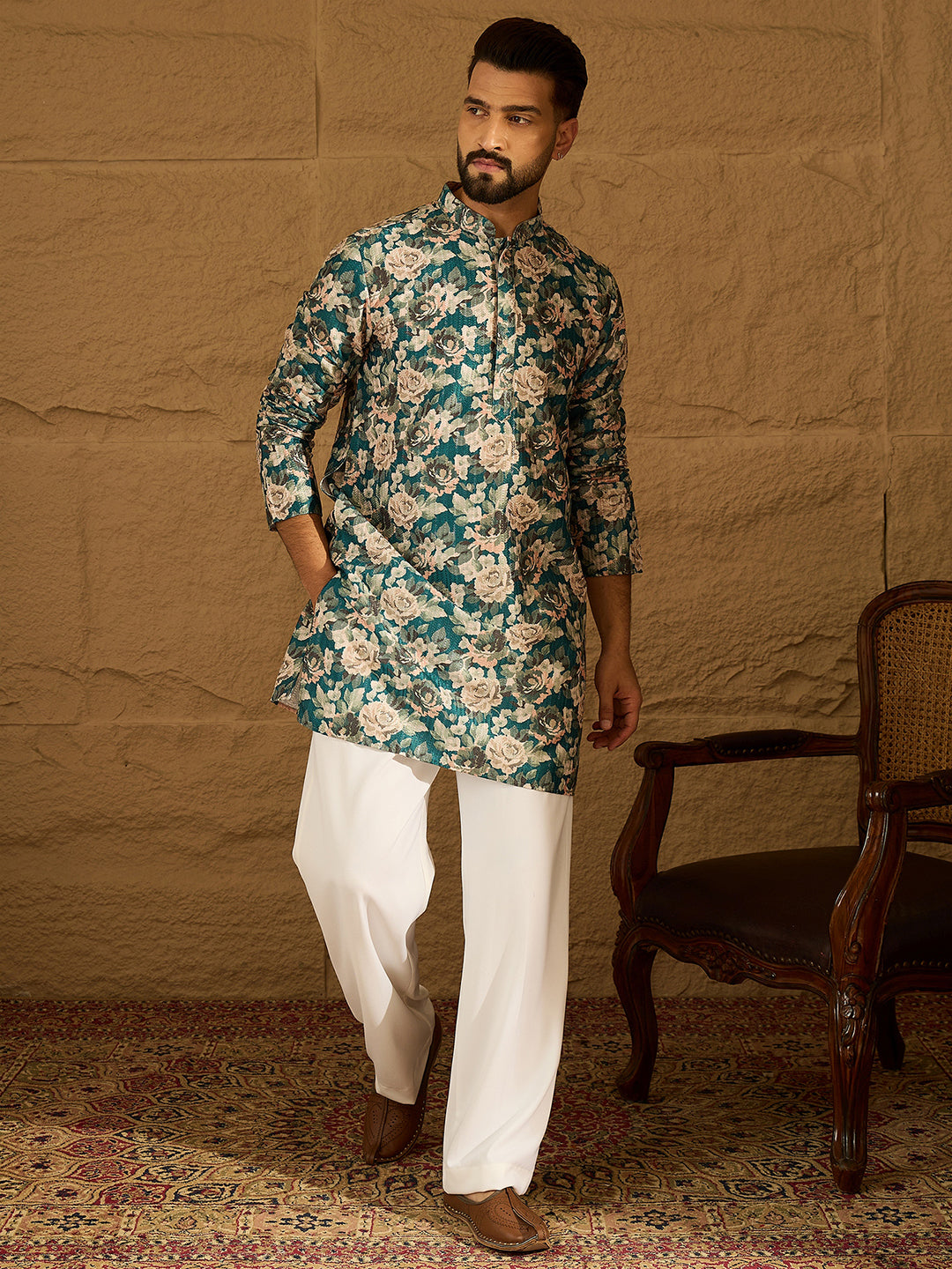 Ethnic Bay Men Teal Silk Blend Floral Printed Straight Kurta with Trouser-MKSET1614
