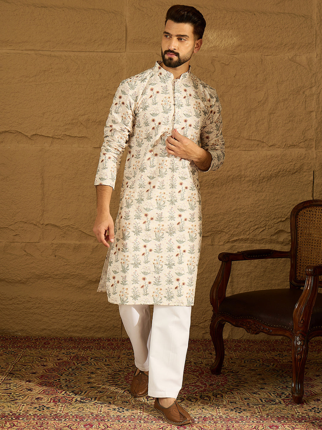 Ethnic Bay Men Off White Viscose Rayon Floral Printed Straight Kurta with Trouser-MKSET1615