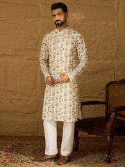 Ethnic Bay Men Off White Viscose Rayon Floral Printed Straight Kurta with Trouser-MKSET1615