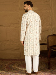 Ethnic Bay Men Off White Viscose Rayon Floral Printed Straight Kurta with Trouser-MKSET1615