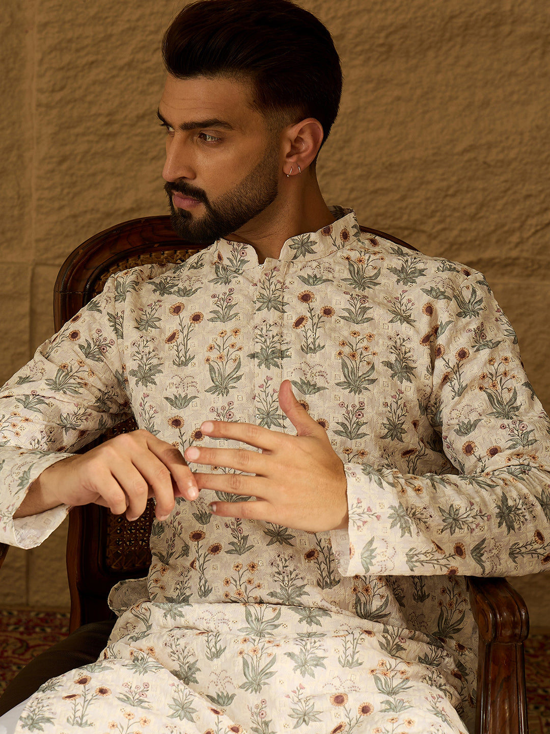 Ethnic Bay Men Off White Viscose Rayon Floral Printed Straight Kurta with Trouser-MKSET1615