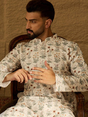 Ethnic Bay Men Off White Viscose Rayon Floral Printed Straight Kurta with Trouser-MKSET1615