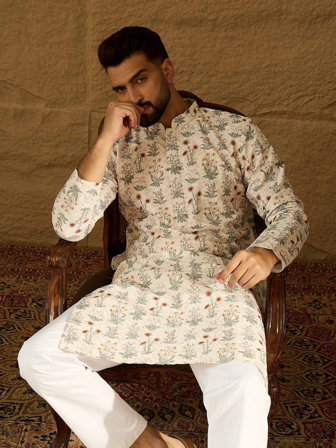 Ethnic Bay Men Off White Viscose Rayon Floral Printed Straight Kurta with Trouser-MKSET1615