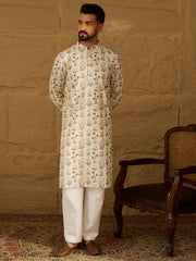 Ethnic Bay Men Off White Viscose Rayon Floral Printed Straight Kurta with Trouser-MKSET1615