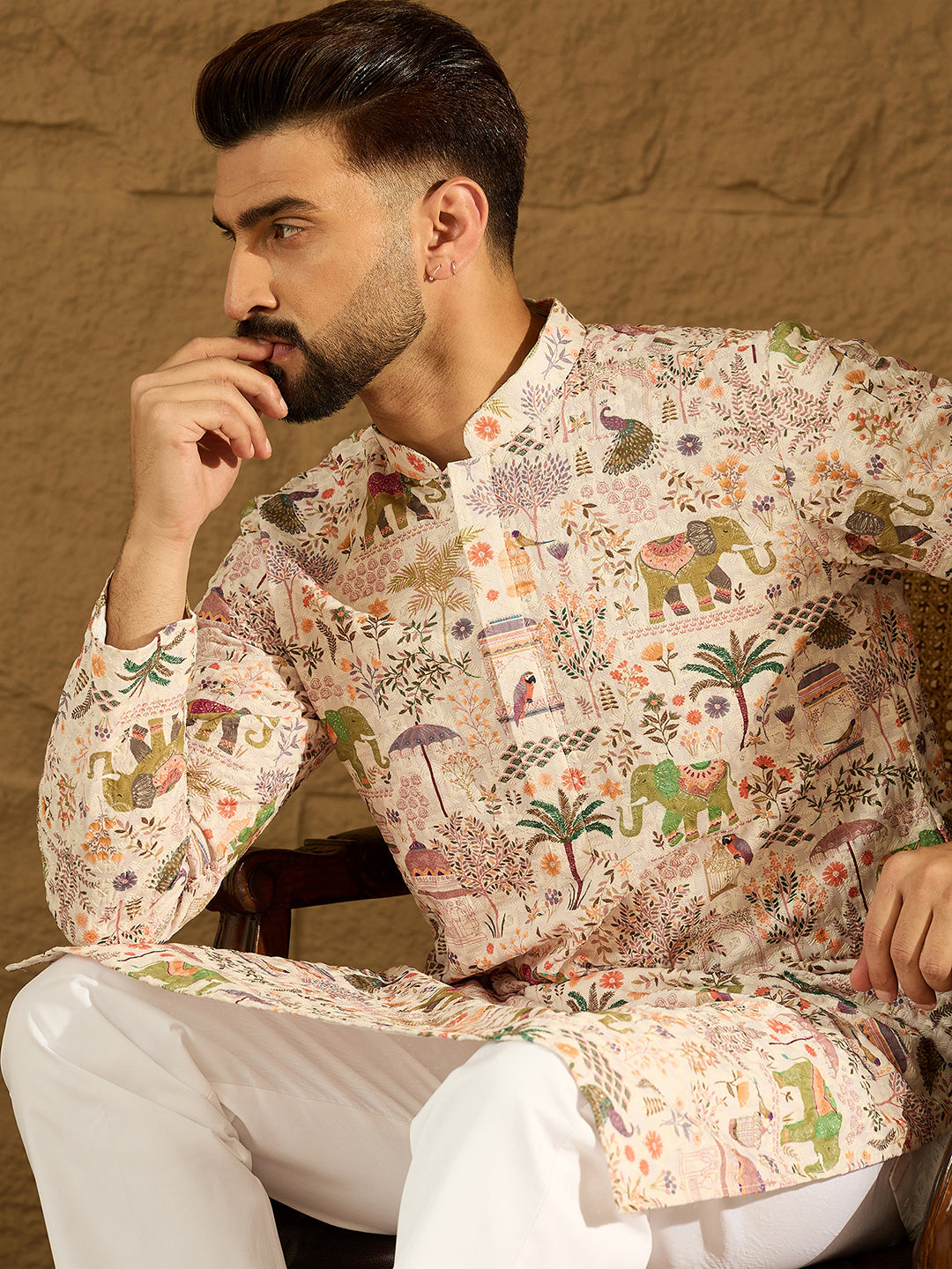 Ethnic Bay Men Cream Viscose Rayon Ethnic Motifs Printed Straight Kurta with Trouser-MKSET1616