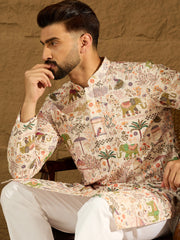 Ethnic Bay Men Cream Viscose Rayon Ethnic Motifs Printed Straight Kurta with Trouser-MKSET1616