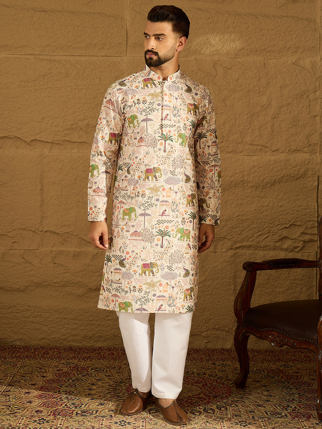 Ethnic Bay Men Cream Viscose Rayon Ethnic Motifs Printed Straight Kurta with Trouser-MKSET1616