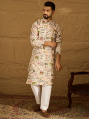 Ethnic Bay Men Cream Viscose Rayon Ethnic Motifs Printed Straight Kurta with Trouser-MKSET1616