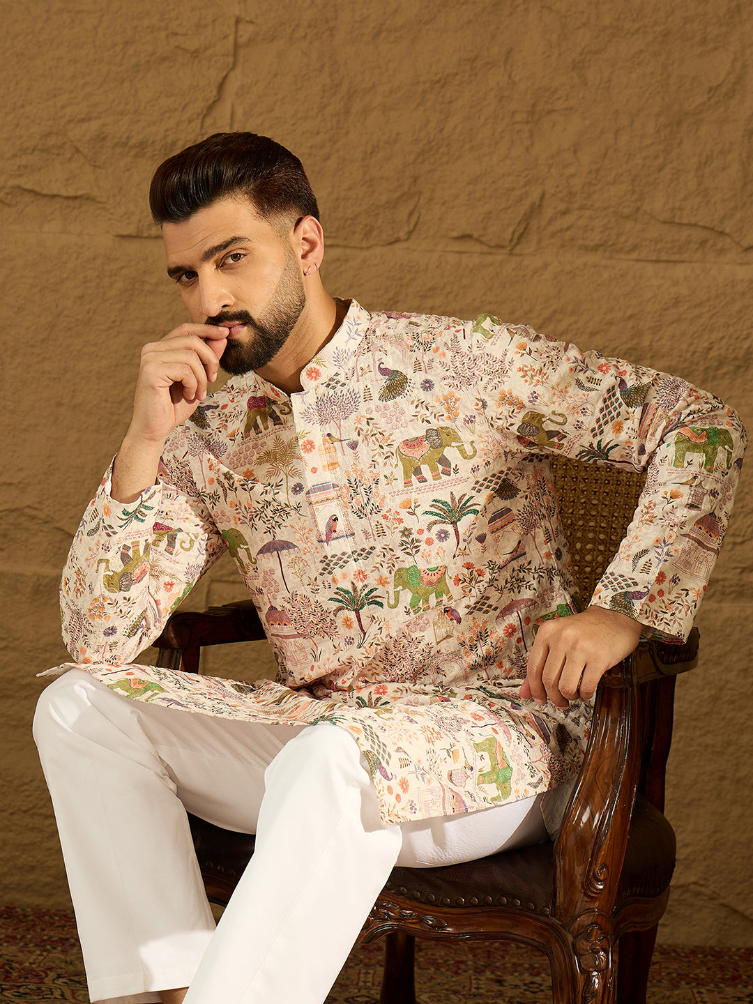 Ethnic Bay Men Cream Viscose Rayon Ethnic Motifs Printed Straight Kurta with Trouser-MKSET1616