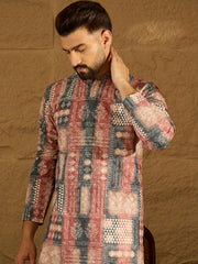 Ethnic Bay Men Brown Viscose Rayon Ethnic Motifs Printed Straight Kurta with Trouser-MKSET1617