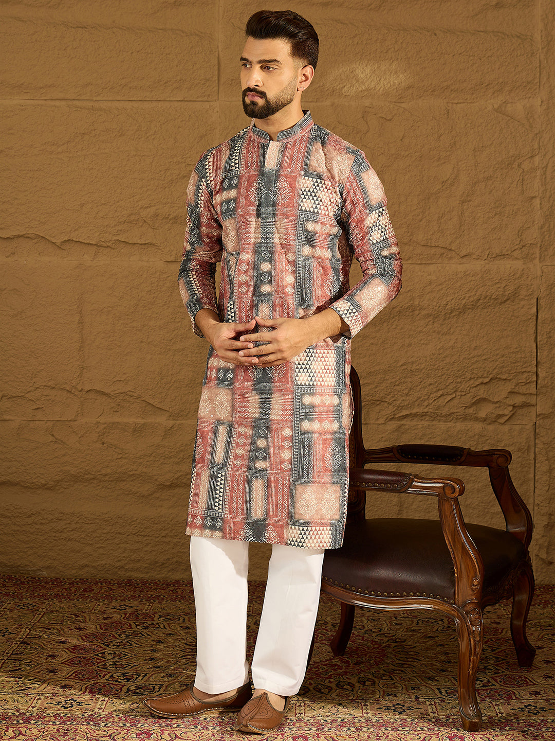 Ethnic Bay Men Brown Viscose Rayon Ethnic Motifs Printed Straight Kurta with Trouser-MKSET1617