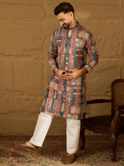 Ethnic Bay Men Brown Viscose Rayon Ethnic Motifs Printed Straight Kurta with Trouser-MKSET1617