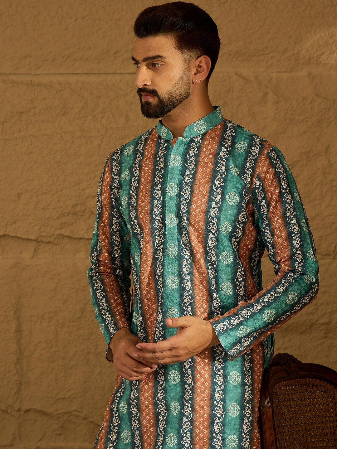 Ethnic Bay Men Blue Viscose Rayon Ethnic Motifs Printed Straight Kurta with Trouser-MKSET1618