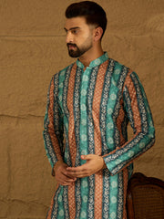 Ethnic Bay Men Blue Viscose Rayon Ethnic Motifs Printed Straight Kurta with Trouser-MKSET1618