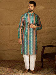 Ethnic Bay Men Blue Viscose Rayon Ethnic Motifs Printed Straight Kurta with Trouser-MKSET1618