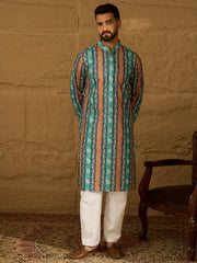 Ethnic Bay Men Blue Viscose Rayon Ethnic Motifs Printed Straight Kurta with Trouser-MKSET1618