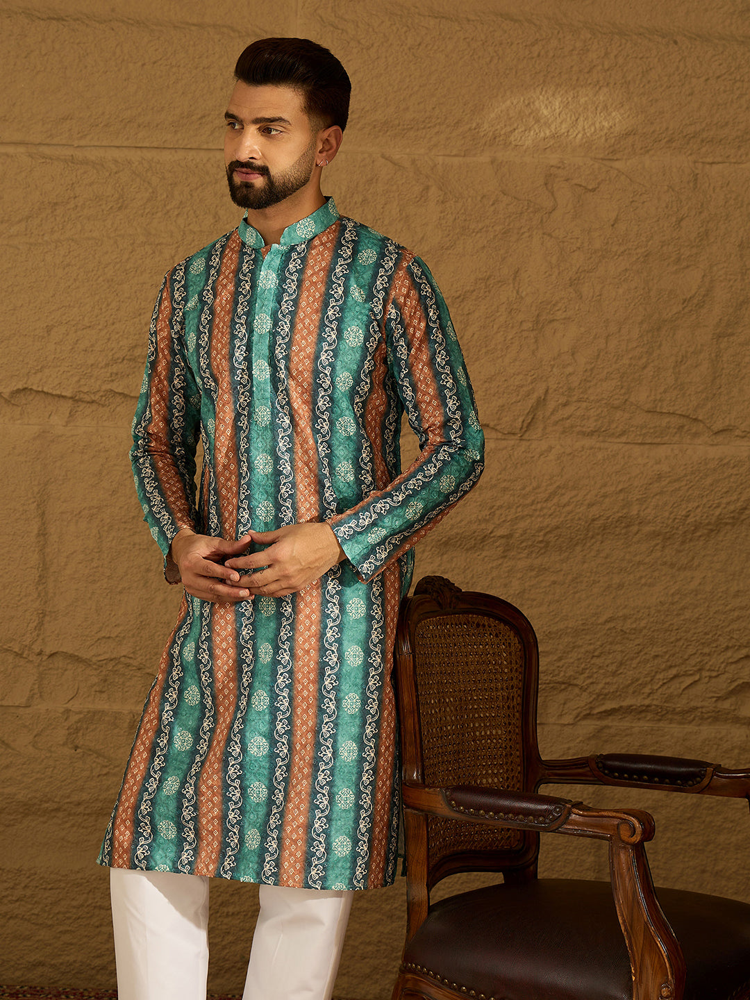 Ethnic Bay Men Blue Viscose Rayon Ethnic Motifs Printed Straight Kurta with Trouser-MKSET1618
